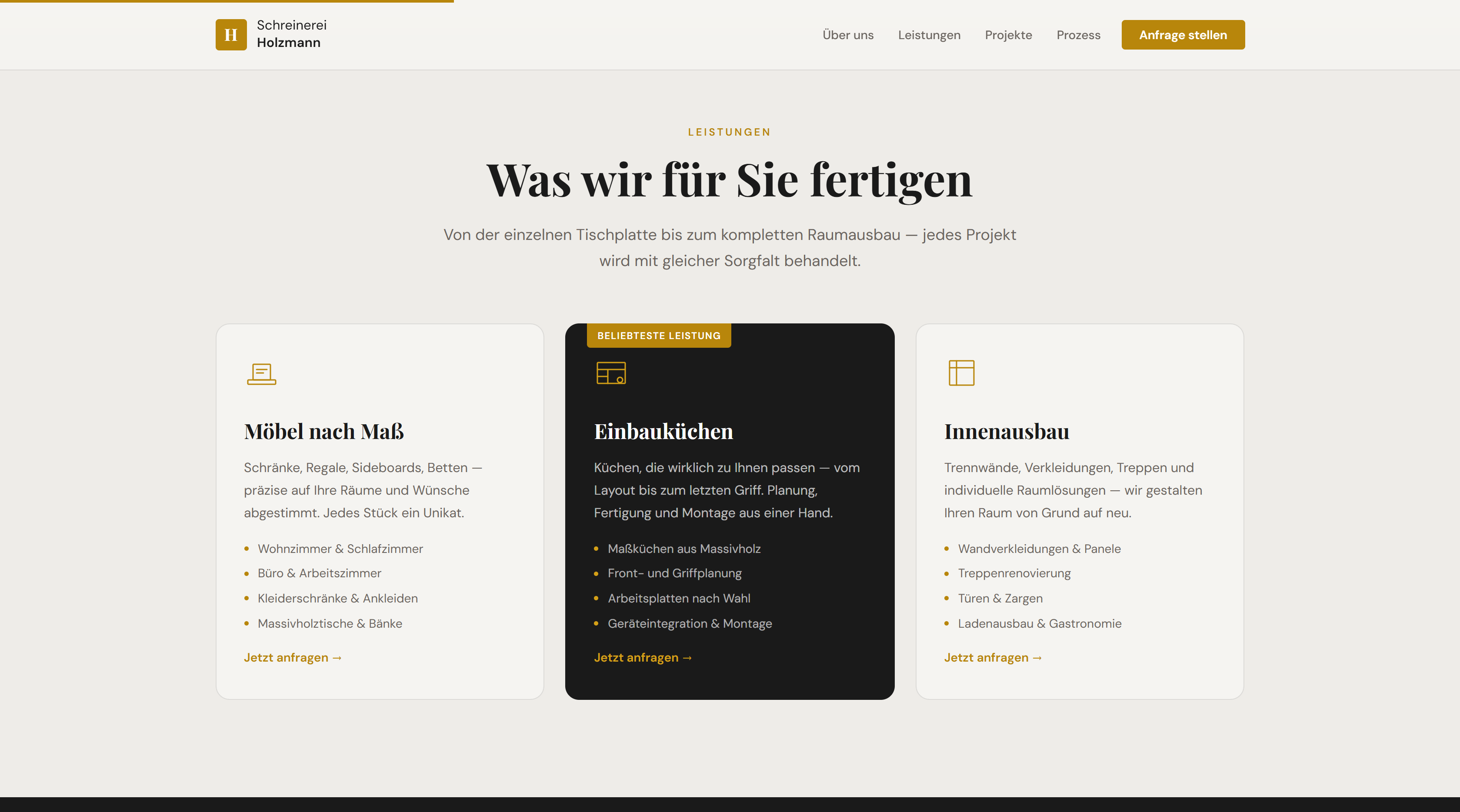 Schreinerei Holzmann Website — Sektionsansicht